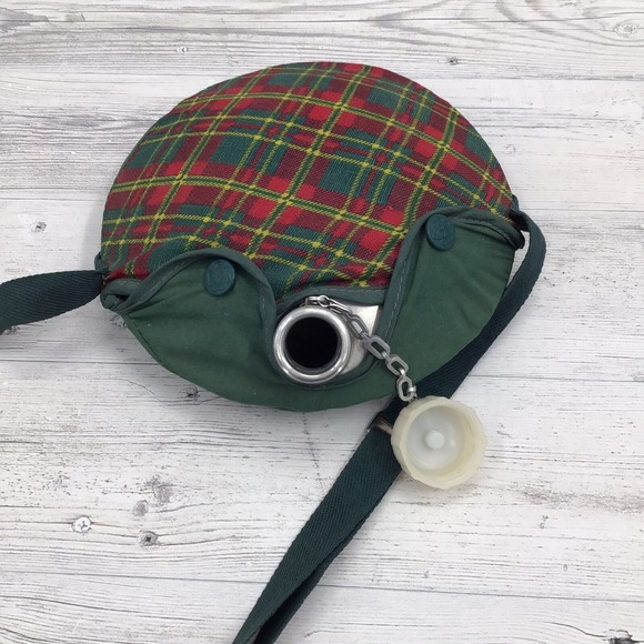 Vintage 1960s Girl Scouts 1 Quart Aluminum Canteen Green Plaid Cover & Strap - Picture 4 of 9